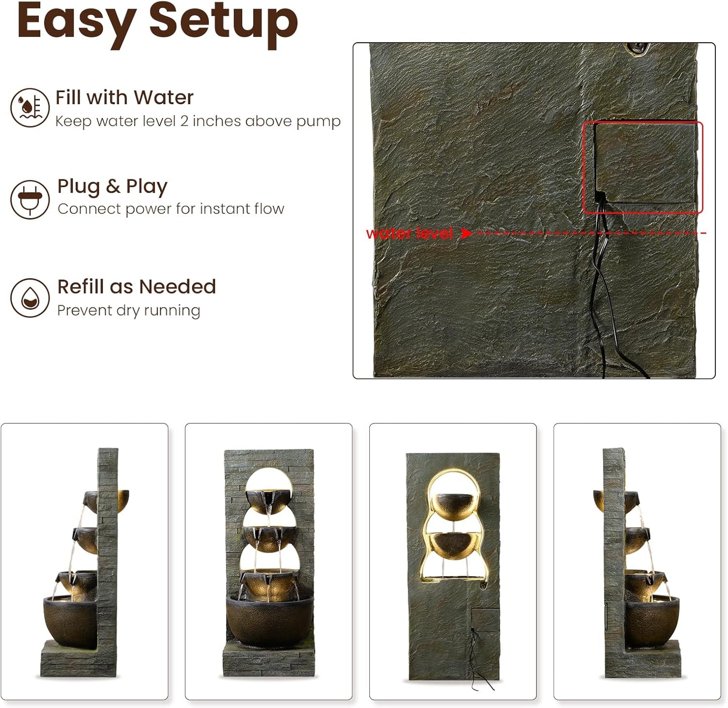 43" H Water Fountain Outdoor Garden - Large Waterfall Tiered Freestanding Cascade Bowl Fountains with LED Strips for Patio Backyard Deck Porch Home Decor, Brown