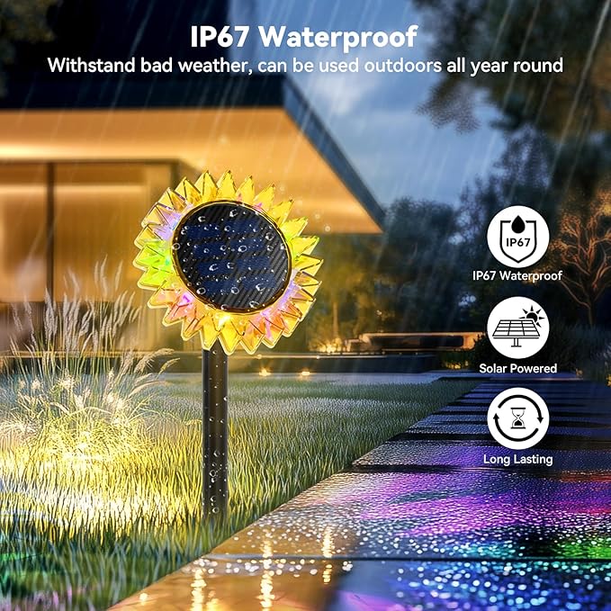Outdoor Solar Lights, 2 Pack Led Solar Sunflower Lights, Stake/Wall 2-in-1 Waterproof Solar Garden Lights for Yard, Landscape, Fence, Patio, Driveway, Pathway, Backyard Decoration (Colourful)
