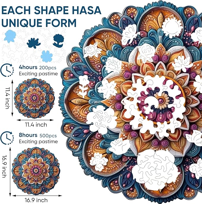 Jiroinlly Wooden Jigsaw Puzzles, Mandela Wooden Puzzles for Adults 200 Pcs, 11.4'' x 11.4'' Luxurious Shaped Wood Puzzle, Beautiful Package, Best Gift for Adults and Kids, Family Game