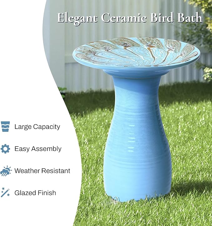LuxenHome 20 Inch Ceramic Bird Bath for Outside, Elegant Tall Outdoor Bird Bath, Lightweight Pedestal Glazed Birdbaths for Outdoors with Leaf Pattern, Sky Blue