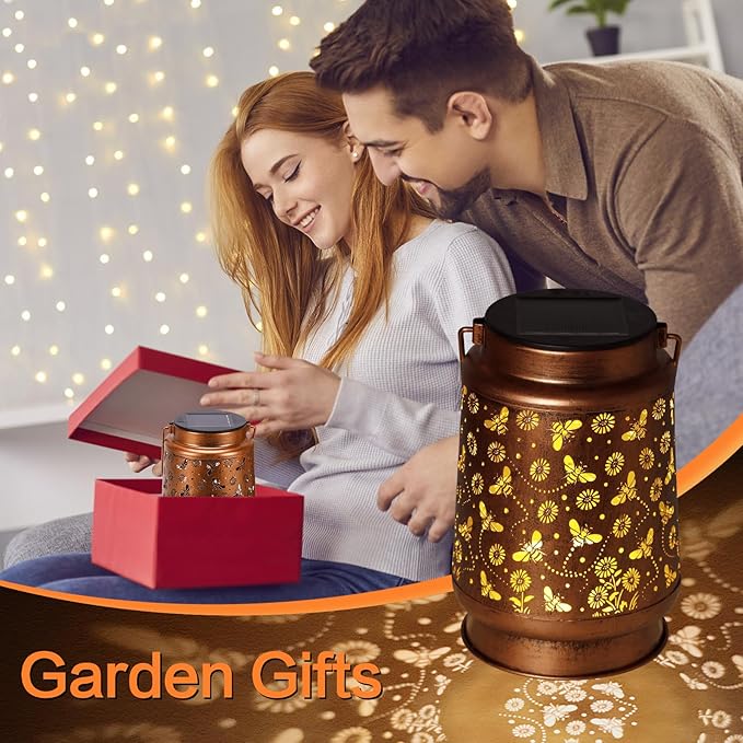 Solar Lanterns Outdoor Waterproof Bee Garden Decor Gifts for Women Mom Grandma Hanging Solar Lights Metal Solar Decoration Outside for Yard, Patio, Backyard, Porch