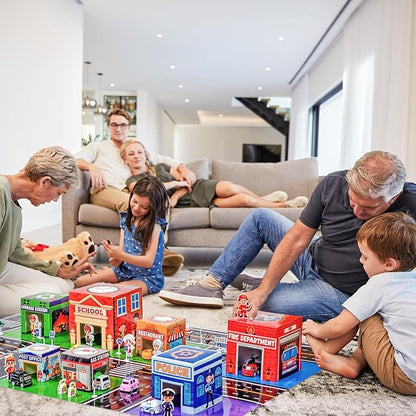 Cinrobiye Community Helpers Sorting and Stacking Set with Wooden Figures Traffic Signs Vehicles Modern City Mat Vehicle Preschool Learning Montessori Game Nesting Boxes for Boys Girls Birthday Gift