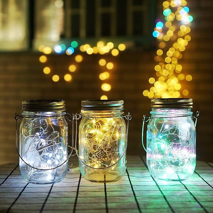 Solar Mason Jar Lights, 12 Pack 30 LED Waterproof Lid Light with Hangers (No Jar), Fairy Firefly Outdoor String Lights for Regular Mason Jar, Patio, Yard, Garden, Wedding Decoration (4 Colors)