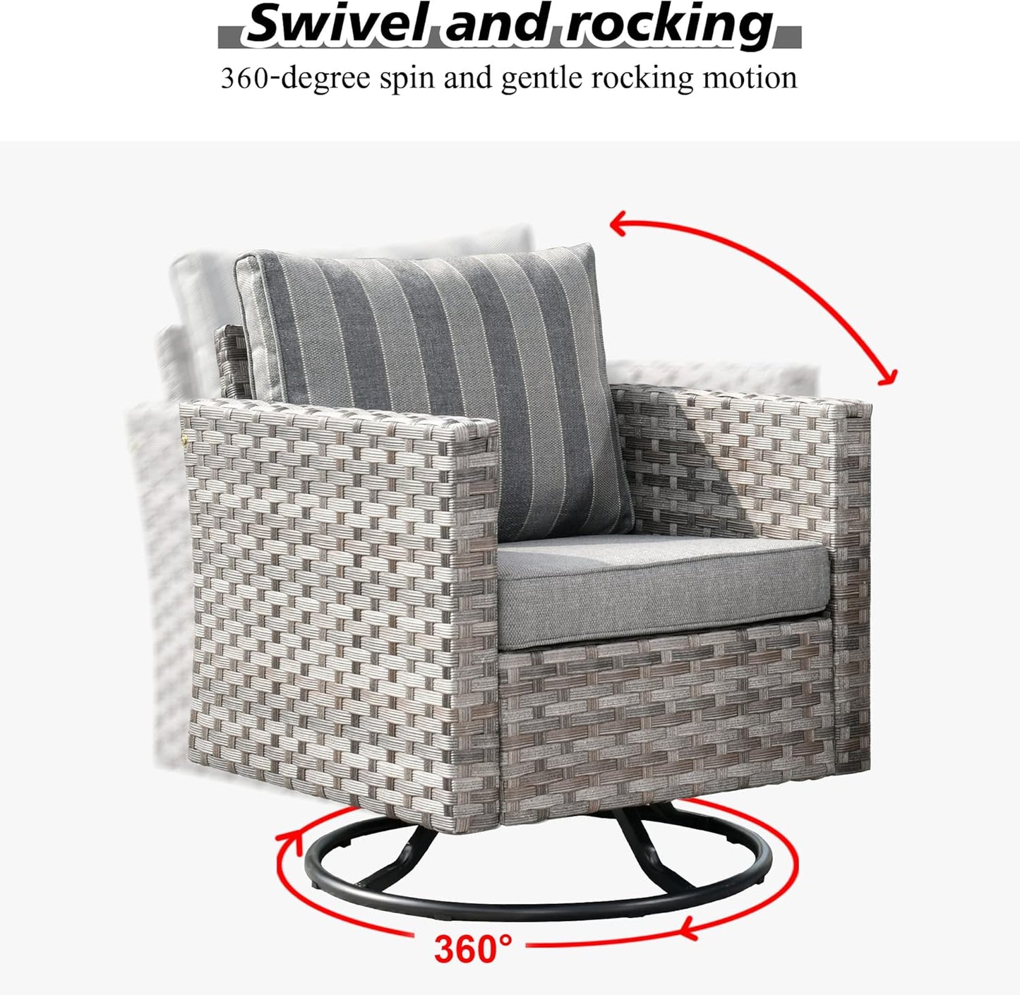 HOOOWOOO 9 Piece Modular Patio Outdoor Sectional Furniture Set with Large Propane Fire Pit Table,Wicker Conversation Sofa Set with Swivel Chairs,Outside Couch Set(Grey Stripes)