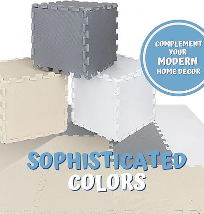 TOYVELT Foam Puzzle Floor Mat for Kids 12x12-32 Interlocking Play Mat Tiles with Colors - Educational Large Puzzle Foam Floor Tiles for Crawling, Non-Toxic - Cream-Gray-Beige
