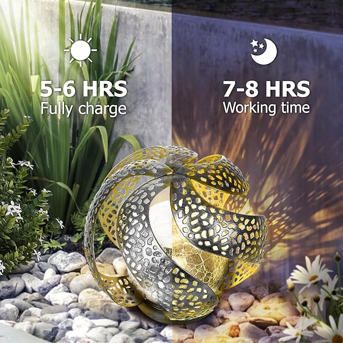 Huaxu Solar Lights Outdoor Garden Decor Waterproof Cracked Glass Globe LED Light Silver Retro Art Metal Retro Design Decorative Yard Patio Lawn Pathway Gift for Mom Women Anniversary Birthday