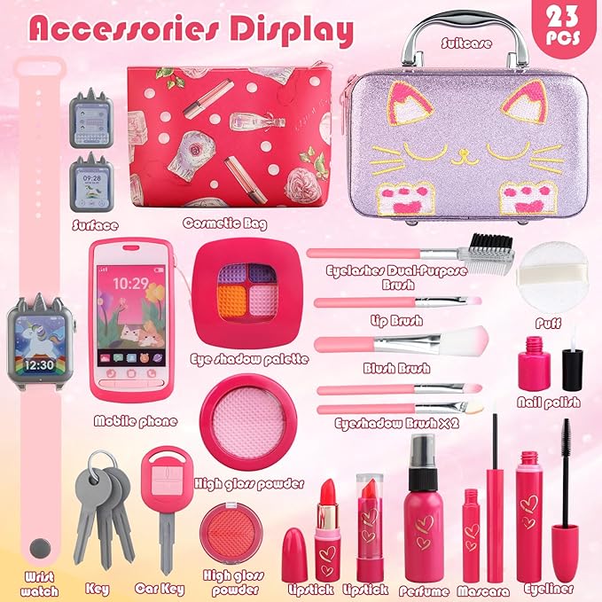Girl Gift Pretend Makeup for Toddlers 3-5 4-6, Fake Makeup Set with Cat Commetic Case, Play Makeup for Kids Age 3 4 5 Year Old, Toddler Make Up Kit for Little Girls Birthday