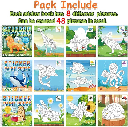 6 Pcs Paint by Sticker Books for Kids Ages 4-8 Sticker by Number Books Activity Book for Kids Ages 3-5 Sticker Puzzle Book Craft Art Toddler Girls Gift with Dinosaur Unicorn Forest Animal 48 Pictures