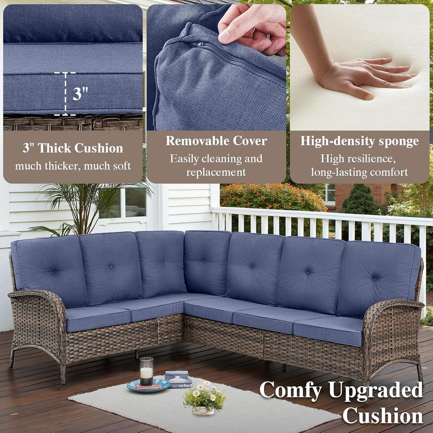 HUMMUH Outdoor Patio Furniture Set,L-Shaped Sectional Couches with Swivel Patio Chairs,Wicker Conversation Set for Deck,Backyard,Porch,Garden