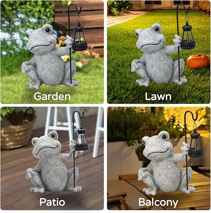 Solar Garden Outdoor Statues Frog with Solar Lantern, Lawn Decor Frog Figurine for Patio Balcony Yard, Yard Unique Christmas Birthdays Gift for Mom Grandma