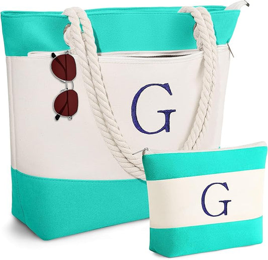 YOOLIFE Beach Bags for Women - Initial Tote Waterproof Bag with Makeup Bag, Mothers Day Gifts for Women Mom Friend Birthday