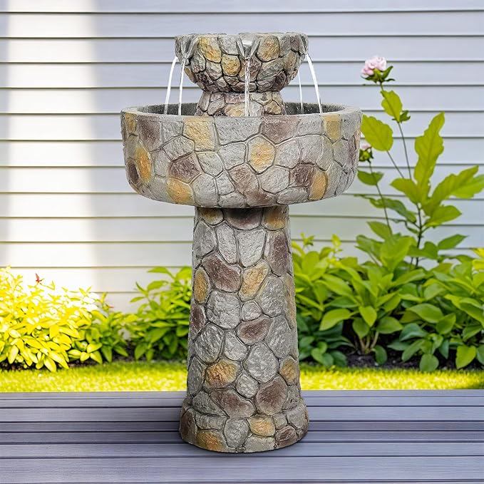 SunJet 25.7” High x 15.3” Diameter Concrete Bird Bath with Faux Stone Finish - Outdoor Water Fountain with Electric Pump - Birdbath for Garden, Patio, Yard, Lawn Décor