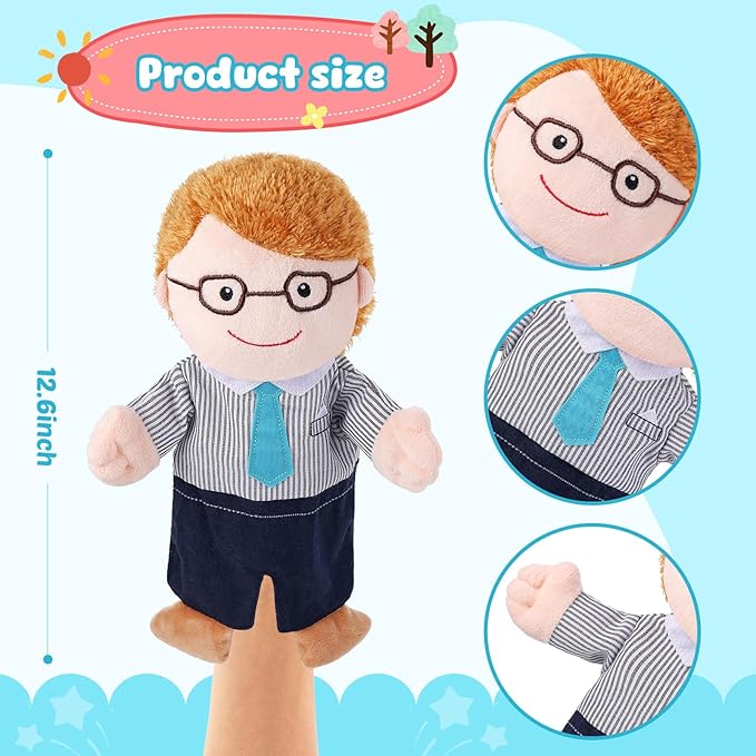 1 Pcs Family Hand Puppets 12 Inch Grandparents, Mom & Dad, Brother & Sister Plush Hand Puppet Toys Role-Play Toy Puppets for Kids Storytelling Imaginative Pretend Play Teaching Preschool(Dad A)