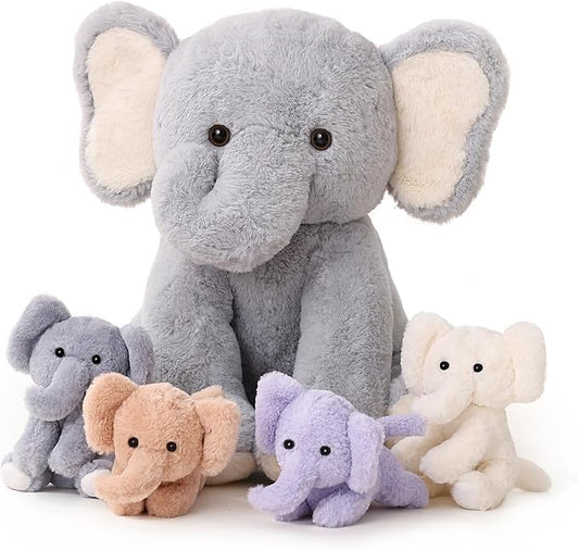 5 Pieces Elephant Stuffed Animals for Girls, 1 Mommy Elephant with 4 Babies Soft Plush Set Toys Gifts for Kids Children 3 4 5 6 7 8 9 Years, Christmas, Birthday, Children's Day