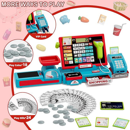 63PCS Cash Register for Kids, Kids Cash Register with Real Calculator, Pretend Play Store with Music/Motorized Conveyor/Play Money/Food Toys, Learning Toys for Boys Girls 3+, Red