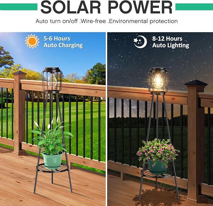 2 Pack Solar Lights Outdoor with Plant Stands, Solar Floor Lamp with LED Edison Bulbs for Garden Yard Pathway Driveway Front/Back Porch Decoration