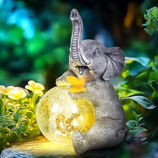 GIGALUMI Solar Garden Outdoor Statues for Women, Mom, Grandma. Glass Globe Elephant Figurine Housewarming and Birthday Gifts Elephant Statue Decor for Backyard, Patio, Balcony, Lawn, Pond