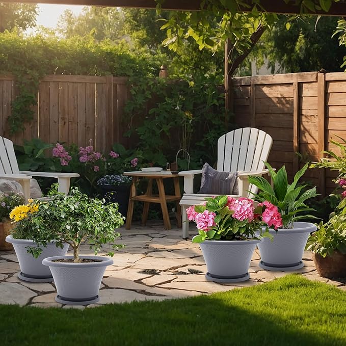 Quarut 12 Inch Large Planter Pot for Plants Indoor Outdoor, 4 Pack Plastic Flower Pots with Drainage Hole & Tray, Modern Decorative Garden Pot with Saucer, Plant Container for House Grey