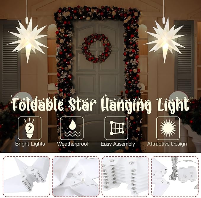 Kingdder 3 Pieces Moravian Star Light LED 3D Star Hanging Light Powered by Battery with Timer Function White Porch Lantern Holiday Decor for Indoor Outdoor Christmas Tree Balcony Courtyard (18 Inch)