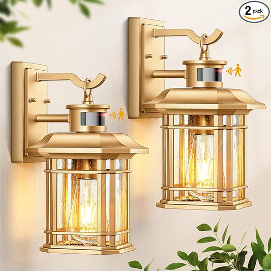 VIANIS Motion Sensor Exterior Lights for House, 2 Pack Dusk to Dawn Outdoor Lighting, Gold Outdoor Sconce Lantern, Waterproof, Weather Resistant Porch Lights Outside for House, Garage, Front Door