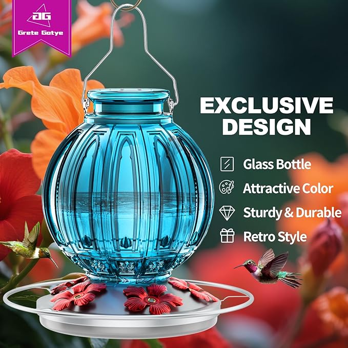 Glass Hummingbird Feeder for Outdoors Hanging, 26Oz Bird Nectar Feeder with Perch & 5 Flower Feeding Ports, Leak Proof for Outside Garden Decor Backyard, Gifts for Women Mom, Blue