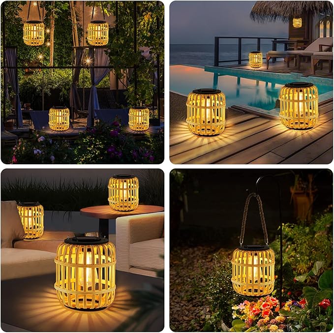 Outdoor Solar Rattan Lantern Hanging Lights with Handle, Waterproof Rattan Solar Lantern, Natural Bamboo LED Decorative Garden Lights for Yard, Patio, Wedding, Home Decoration