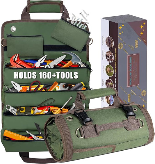 Roll Up Tool Bag, Heavy Duty Tool Organizer with 2 Detachable Zipper Pouches, Compact Durable Tool Storage for Men Women, Perfect for Handyman, RV Owners, Dad Birthday or Father’s Day Gifts
