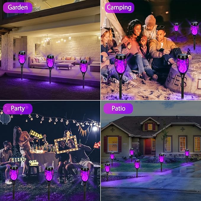 Solar Lights Outdoor Waterproof Purple, Upgraded 6 Pack Solar Tiki Torches with Flickering Flame for Garden Decor, Solar Outdoor Landscape Lights for Porch Yard Pathway Halloween Decorations