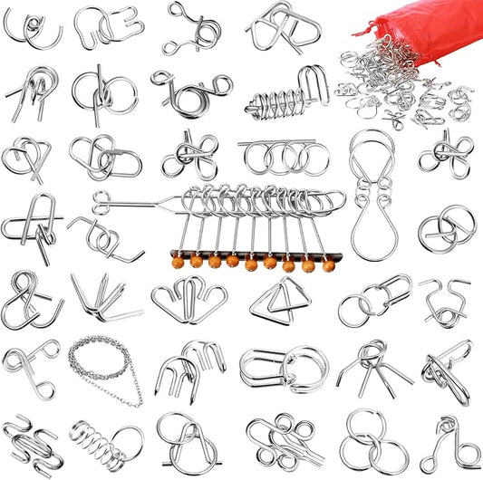 Yilloog Metal Brain Teaser Puzzles Set of 36 with Pouch, Steel IQ Games Physics Mind Metal Puzzles for Adults Basket Stocking Stuffers for Adults Challenge Gifts(Medium)