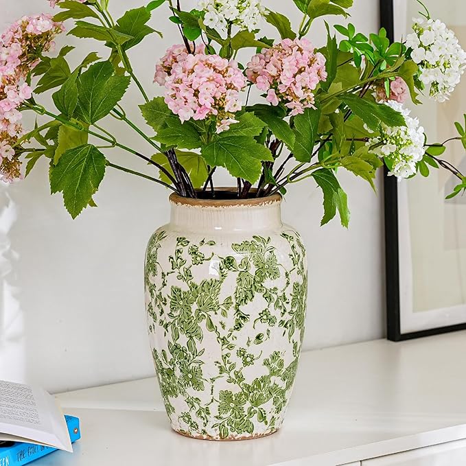 Sungmor Ceramic Flower Vase, Vintage Ice Cracked Glaze Porcelain Vase, Pretty Home Decor Vase for Flower Arrangement, Fresh Flowers, 10.2 Inch Tall Chinoiserie Pottery Vase, Green Floral Pattern