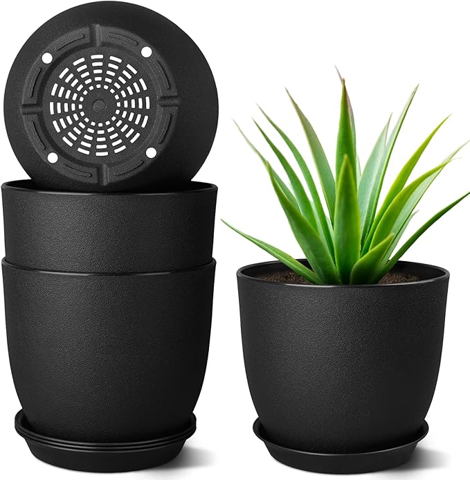 8 inch Plant Pots Set of 4 Pack, Plastic Planters with Drainage Holes and 4 Saucers, Morden Decorative Creation Flower Pots for Indoor & Outdoor Garden House Plants, Black