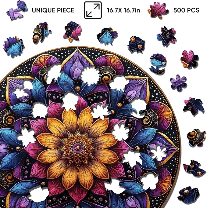 Jiroinlly Mandela Wooden Jigsaw Puzzles - Flower Puzzles for Adults 500 Pcs, 16.7'' x 16.7''Unique Shaped Wood Puzzle, Beautiful Package for Halloween, Best Gift for Adults and Kids, Family Game