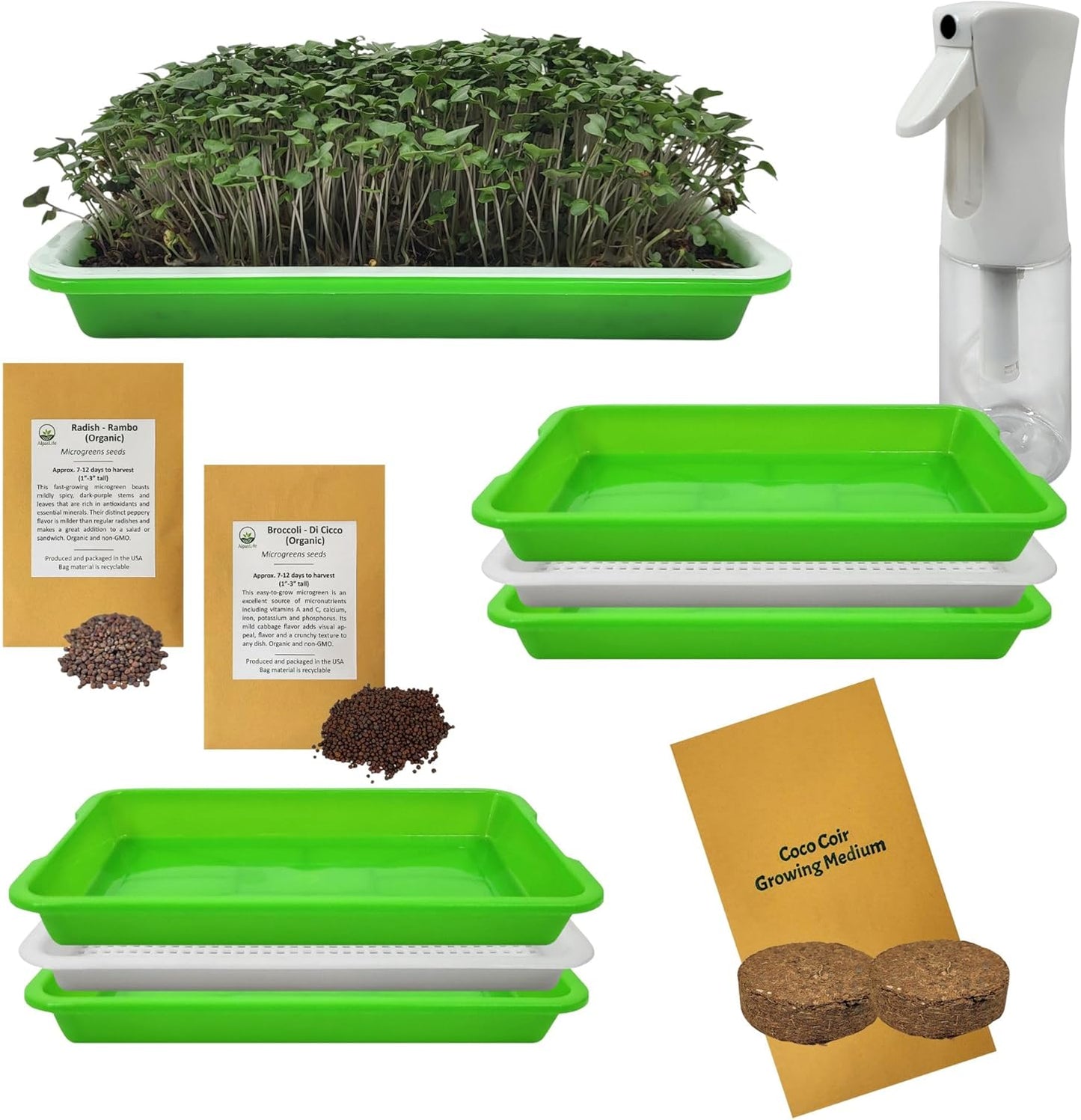 Complete Home Microgreens Kit - Organic Indoor Garden System - Includes 2 Sets of Reusable Trays, Premium Spray Mister, Coco Coir Growing Medium, 2 Packs Organic Seeds – Radish and Broccoli
