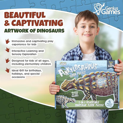 Ankylosaurus Dinosaur Jigsaw Puzzle | 100-Piece Double Sided Floor Puzzle with Glow-in-The-Dark Skeleton On Other Side | 4 FT Scientifically Accurate Dino Illustration | Educational Toy for Kids