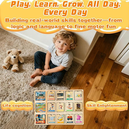 Wooden Peg Puzzle for Toddlers, Educational Peg Puzzles Montessori Toys, Scene Matching Preschool Education Learning Puzzle Toys for Gifts for 2 3 Years Boys Girls