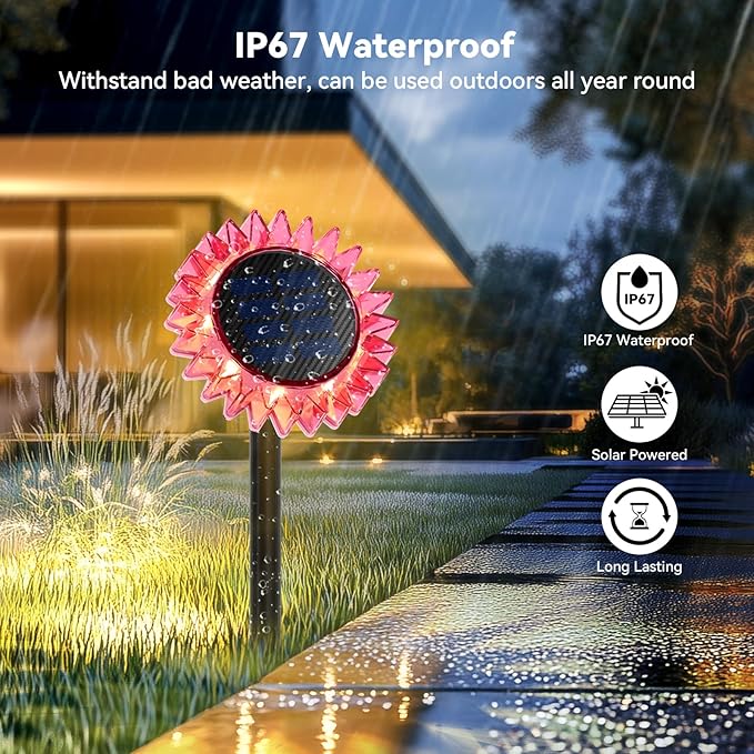 Outdoor Solar Lights, 2 Pack Led Solar Sunflower Lights, Stake/Wall 2-in-1 Waterproof Solar Garden Lights for Yard, Landscape, Fence, Patio, Driveway, Pathway, Backyard Decoration (Warm White)