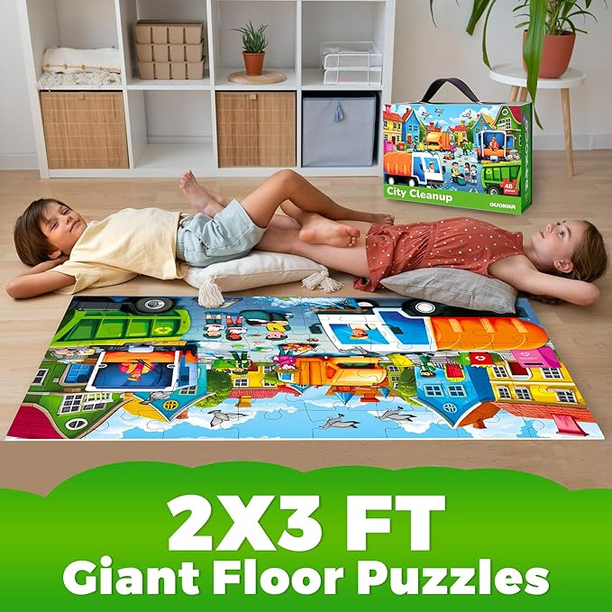 QUOKKA Giant Floor Puzzle for Kids Ages 4-6 – 2x3 Feet Extra-Thick 48 Pieces Toddler Puzzle Ages 3-5 – Garbage Trucks Educational Activity for Boys Girls – Premium Box with Sturdy Handle & Magnetic