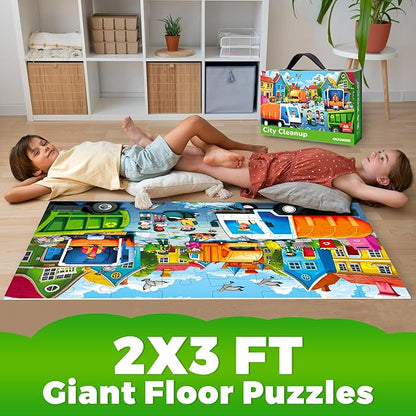 QUOKKA Giant Floor Puzzle for Kids Ages 4-6 – 2x3 Feet Extra-Thick 48 Pieces Toddler Puzzle Ages 3-5 – Garbage Trucks Educational Activity for Boys Girls – Premium Box with Sturdy Handle & Magnetic