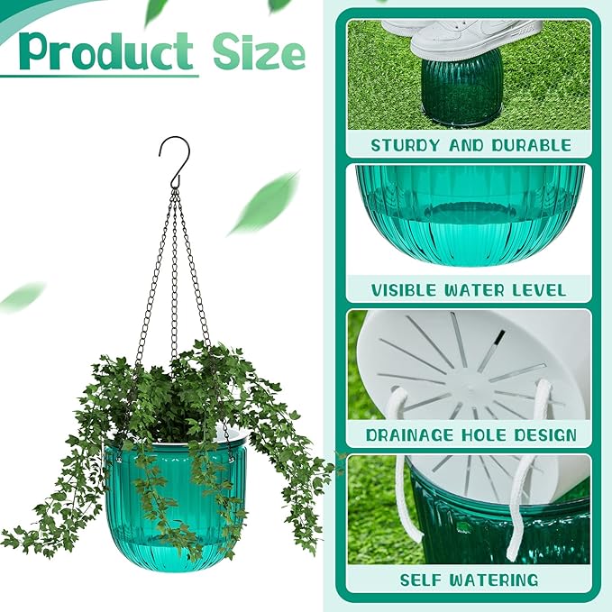 Meanplan 4 Pcs Self Watering Hanging Planter Indoor 6.5 Inch Hanging Baskets for Plants Outdoor Plastic Flower Pot with 3 Hooks Chains Drainage Holes for Garden Home, Medium Size(Emerald)