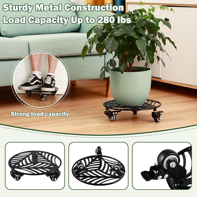 3 Packs Metal Plant Caddy with 3 Metal PU Wheels 12” Heavy-duty Wrought Iron Rolling Plant Stands with Casters Indoor and Outdoor Plant Pot Roller Base Plant Dolly Coaster Movers Black