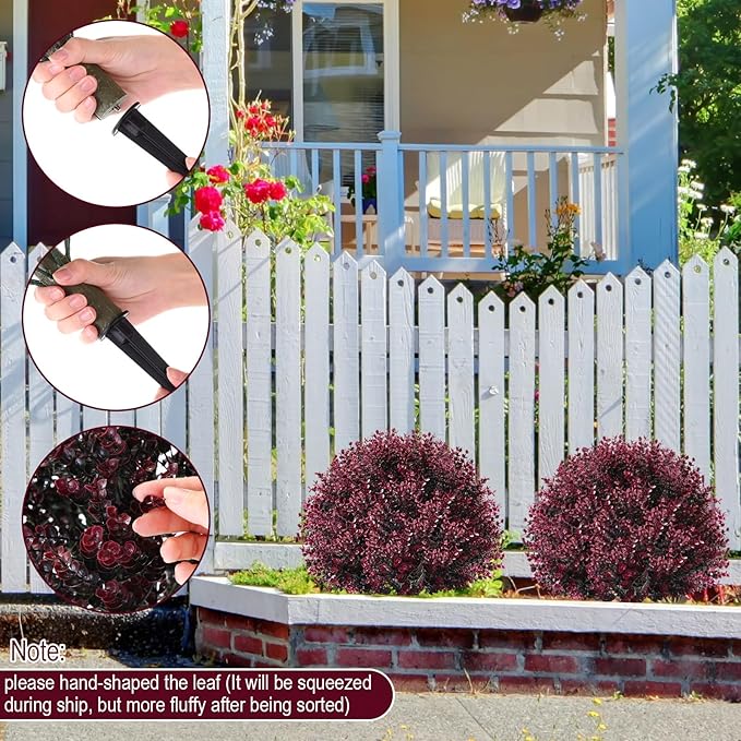 Yunlly 4 Pcs 18 Inch Artificial Boxwood Ball Topiary Tree Fake Outdoor Plants Bush, UV Resistance Faux Shrub with Spike Realistic Greenery Potted for Indoor Garden Yard Porch Patio Decor (Dark Purple)