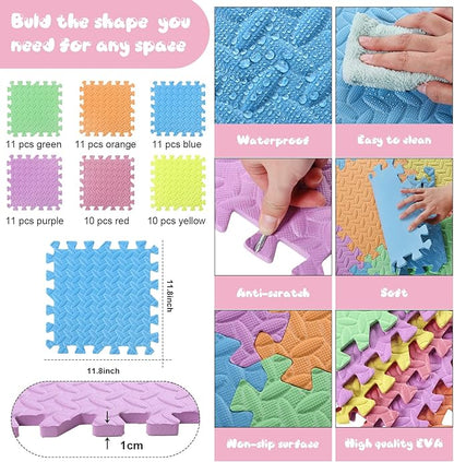 Shihanee Foam Floor Baby Tiles Foam Floor Mats Play Mats Bulk with Borders Interlocking for Kids Baby Playroom Nursery Gym (Colorful,64ft)