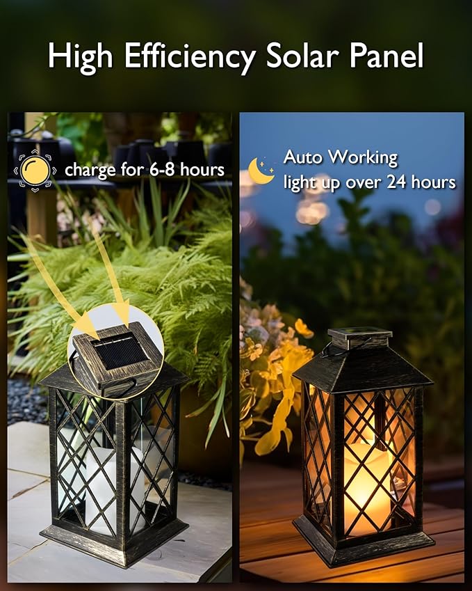 Homemory Solar Lanterns Outdoor Waterproof Hanging with Flickering Flameless Candles, 2 Pack Garden Outdoor Lantern Decorative for Patio Front Porch Backyard Balcony Cabin Outside (Bronze)