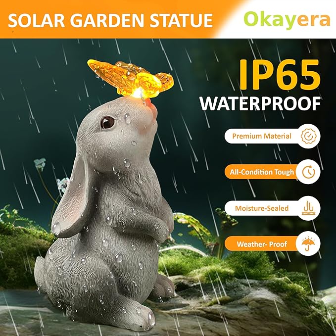 Bunny Outdoor Decor, Solar Rabbit Garden Statue, Cute Easter Gift Outside Lawn Ornaments for Patio Clearance Yard Porch, Housewarming Gift to Mom Women Birthday Mother's Day