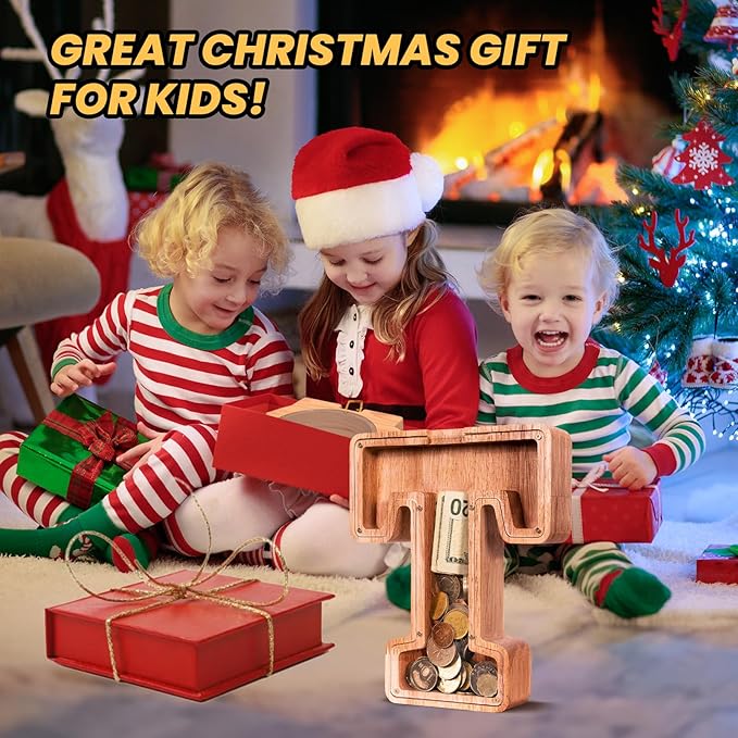 KMC Wooden Letter Piggy Bank, Personalized Initial Piggy Bank for Kids Boys, Clear Alphabet T Wood Money Box, Unbreakable Coin Saving Jar, Birthday, for Children