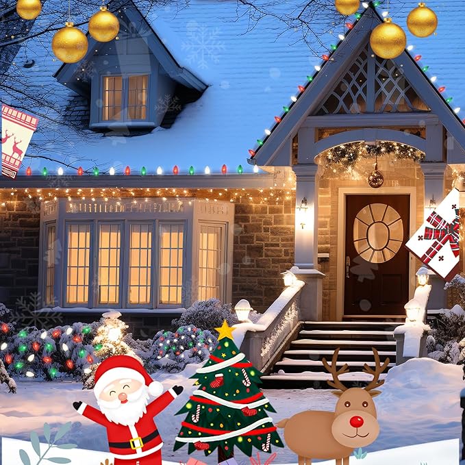 25ft C9 Clear Incandescent Christmas Lights - Red, White, Green Outdoor String With 26 Multicolor Bulbs - Waterproof Plug-In for Roofline, Tree, Garden Decor