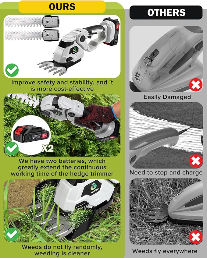 Cordless Hedge Trimmer,2 in 1 Cordless Grass Shear & Hedge Shear/Shrubbery Trimmer with Dual-Action Blade Cutting Capacity,Hedge Shear with 2 PCS Rechargeable Battery and Charger for Garden,Lawn