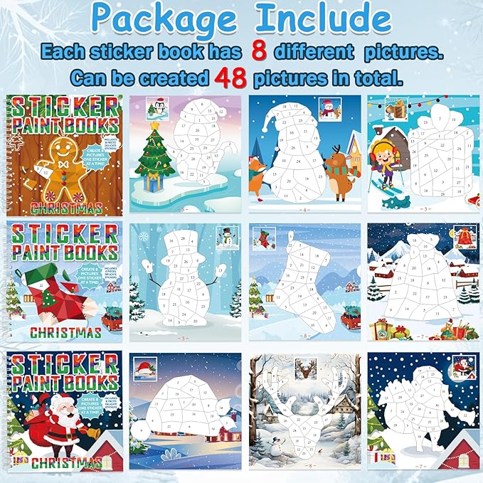 6 Pcs Christmas Paint by Sticker Books for Kids Ages 4-8 Sticker by Number Books Activity Book for Kids Ages 3-5 Sticker Puzzle Book Craft Art Toddler Girl Gift with Santa Snowman Reindeer 48 Pictures