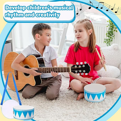 Kids Drum Set 8 Inch Wooden Toy Drum with Adjustable Strap 2 Drumsticks Educational Sensory Musical Instrument Toy Set for Toddlers Kid Baby Boys Girls Gift(Blue Triangle Style)