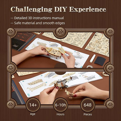 LED 3D Wood Puzzle Fantasy Airship Model - Steampunk DIY Craft Kit with LED Lights – Intricate Wooden Airship Model Building Set for Teens and Adults(Gray)